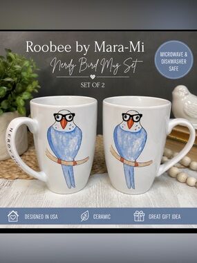 Roobee Mara-Mi “Nerdy Bird” Glasses Blue Bird Mug Set 2 Ceramic Coffee Cups